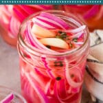 These pickled red onions are thinly sliced onions marinated in a mixture of sugar, salt, vinegar, herbs and spices.