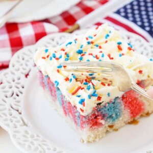 A picture of a slice of red, white and blue marble cake.