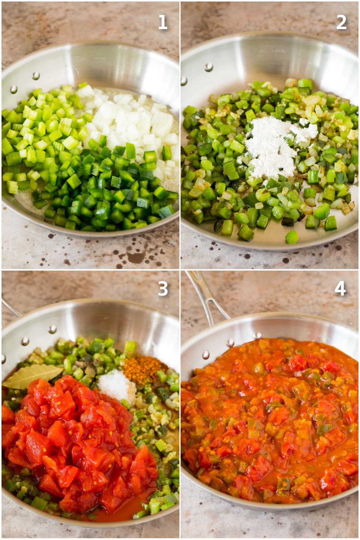 Step by step shots showing how to make Creole sauce.