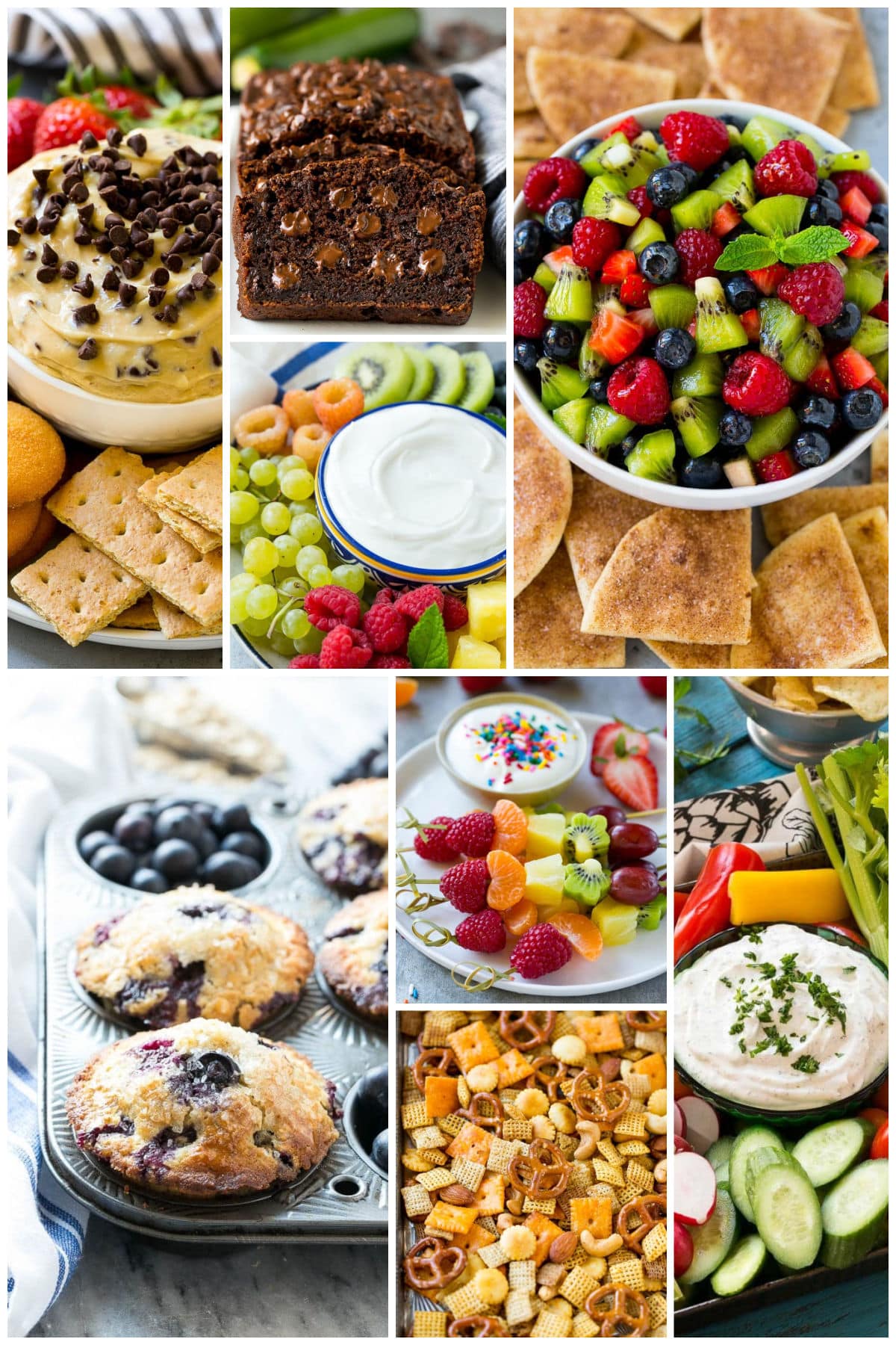 A collection of pictures of after school snacks such as blueberry muffins and fruit kabobs.