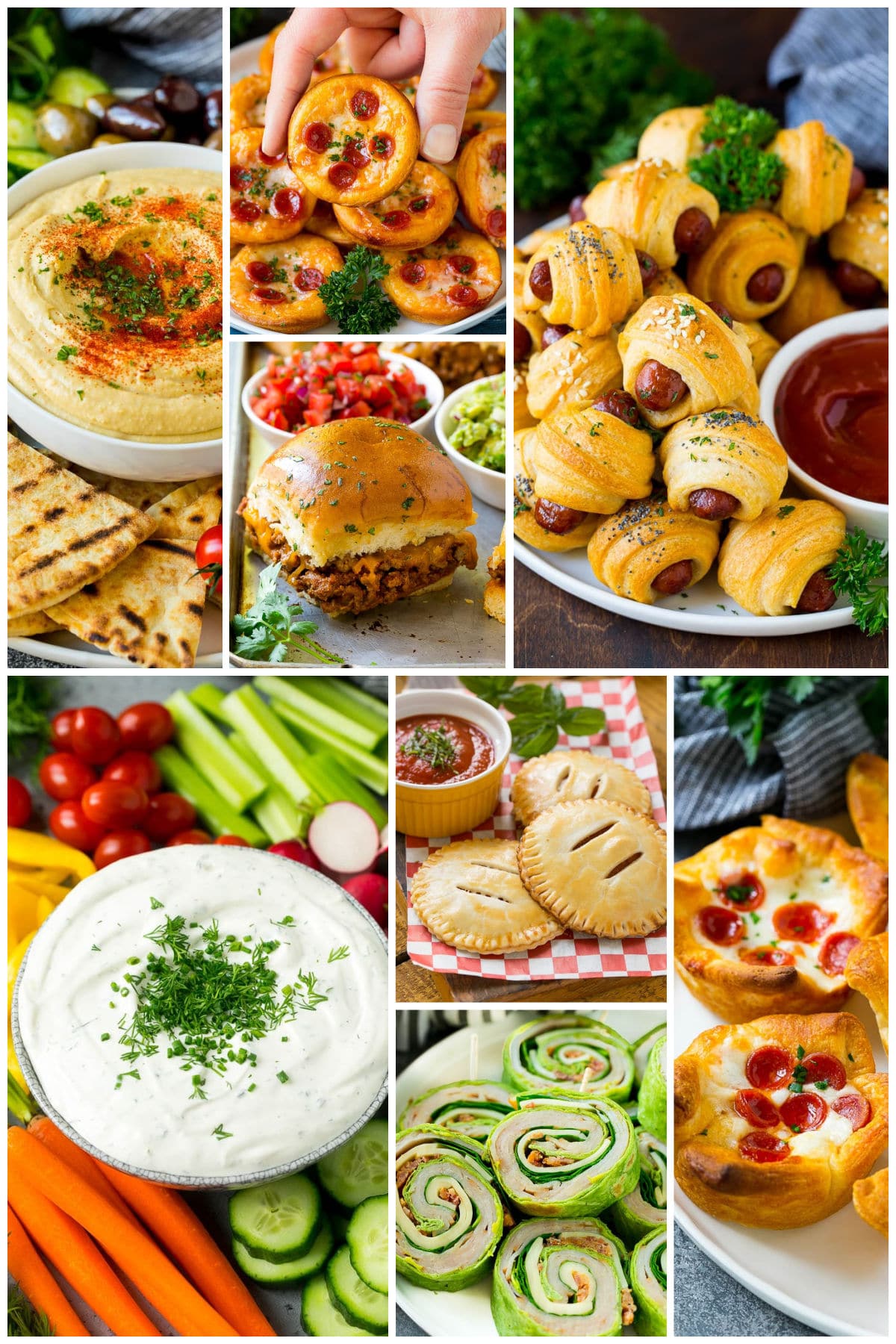 A group of images of after school snacks such as pigs in a blanket and veggie dip.
