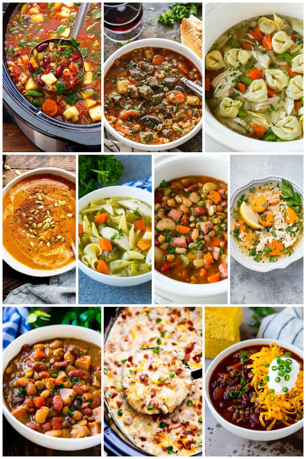 A group of slow cooker soup recipes like autumn squash soup, ham bone soup and chicken tortellini soup.