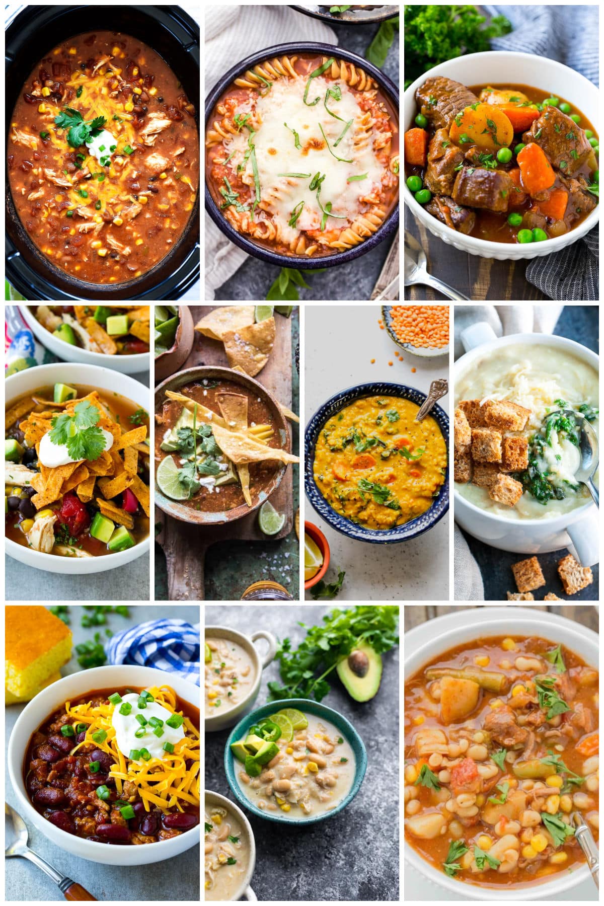 A collection of images of soups like beef stew, beef and vegetable soup and pesto potato soup.