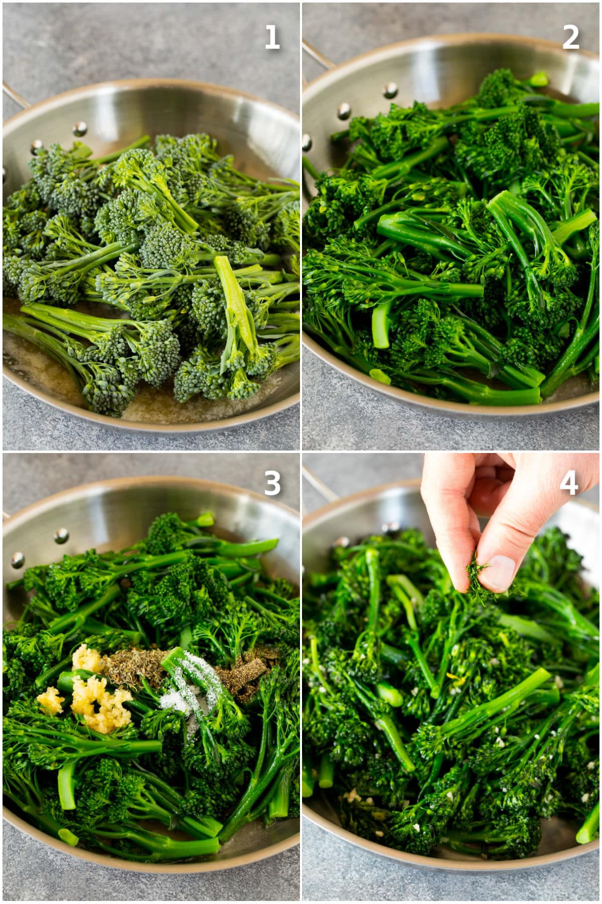 Step by step process shots showing how to saute broccolini.