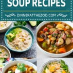 A group of hearty slow cooker soup recipes like chicken tortilla soup, lemon chicken orzo soup and white chicken chili.