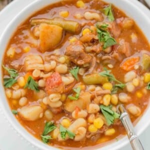 A bowl of beef and vegetable soup.