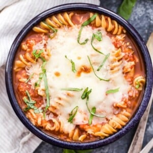 An image of a bowl of chicken parmesan soup.