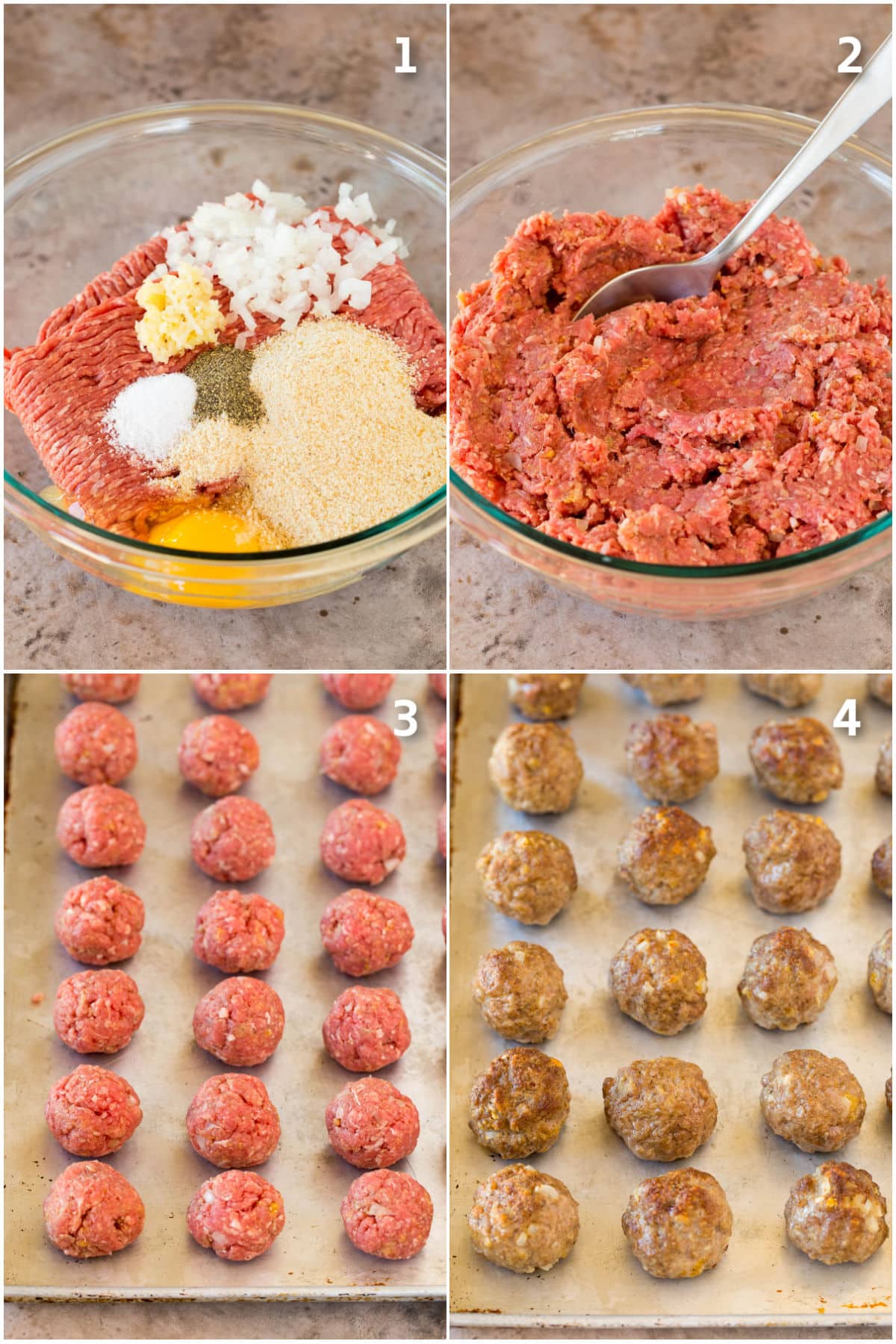 Step by step shots showing how to make beef meatballs.