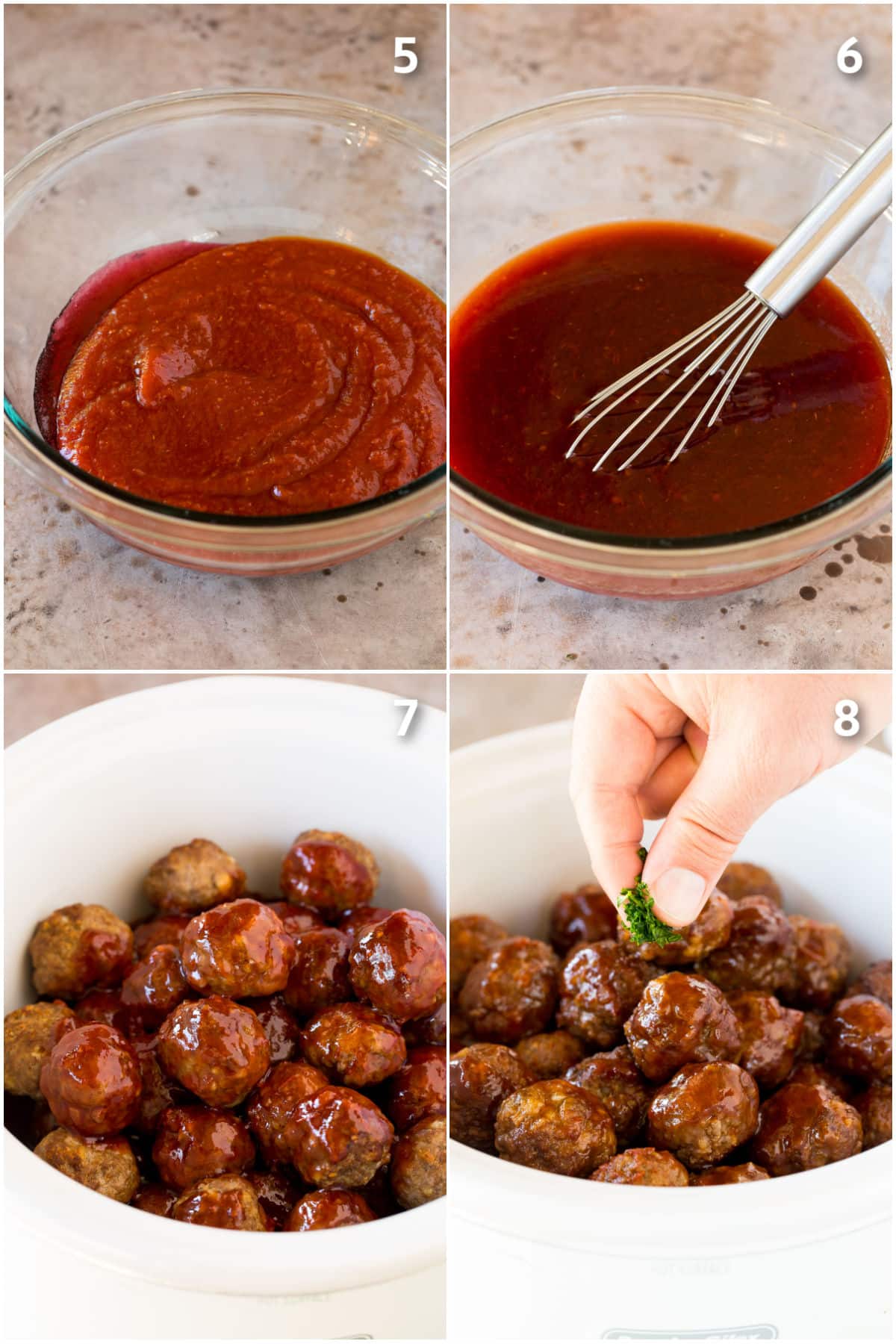 Process shots showing sauce being made and poured over meatballs.