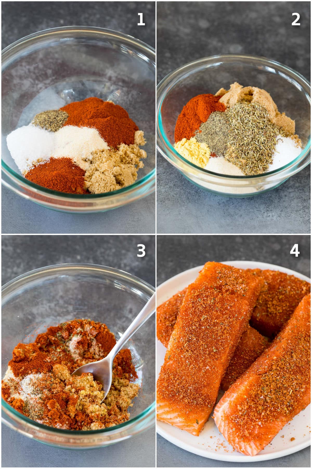 Step by step process shots showing how to make salmon seasoning.