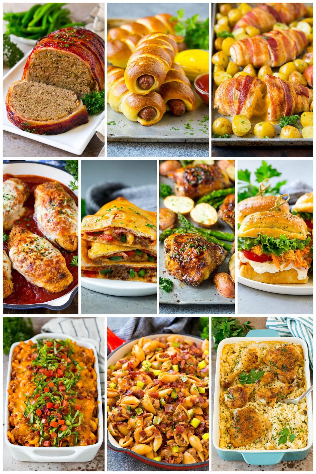 A group of images of fantastic back to school recipes like bacon wrapped meatloaf and cheeseburger pasta.