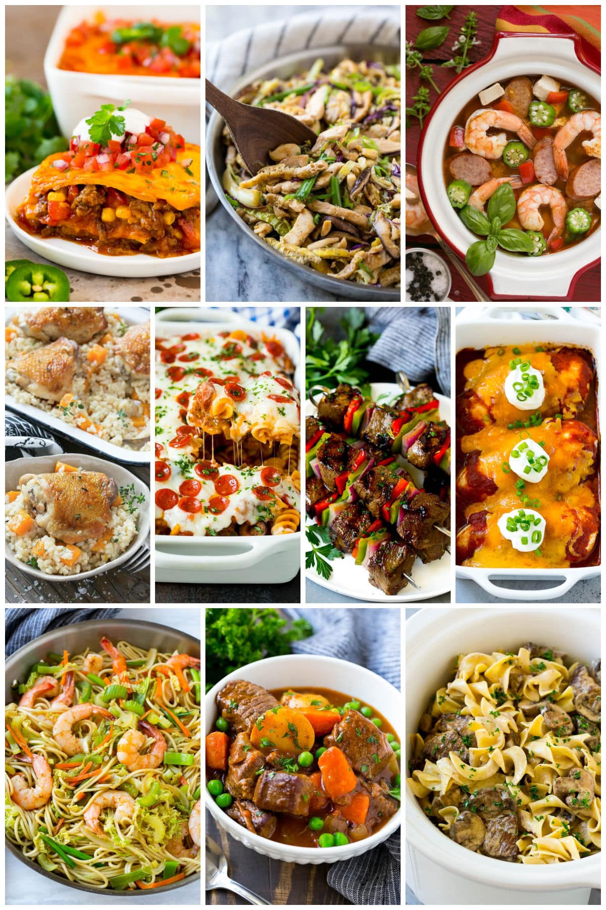 A group of family favorite recipes like shrimp chow mein, slow cooker beef stew and one pot chicken and shrimp gumbo.