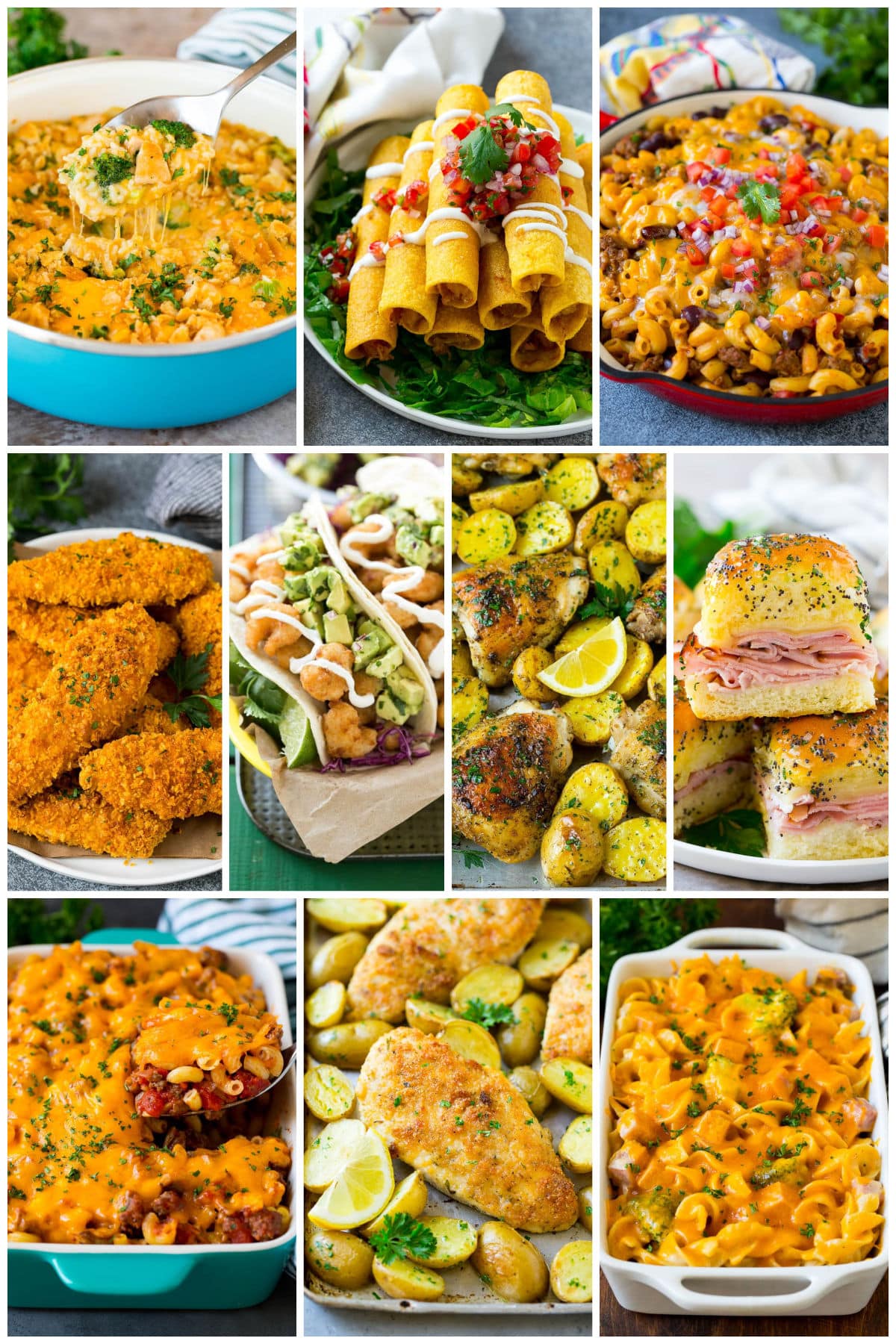 A group of images of family favorite and easy meals like ham and cheese sliders and hamburger casserole.