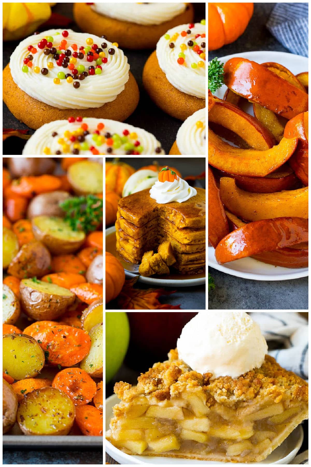 A group of images of foods for autumn like pumpkin pancakes and Dutch apple pie.