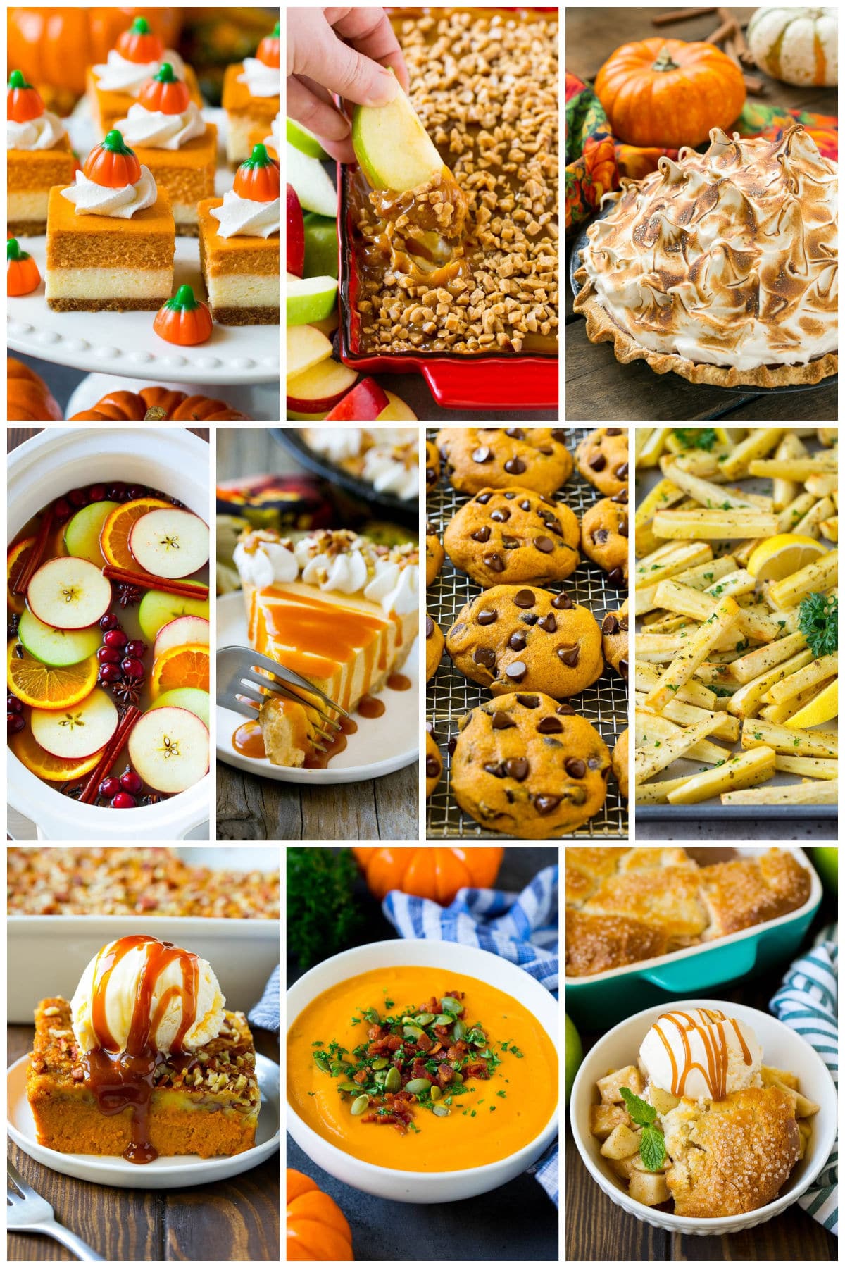 A collection of harvest time foods like pumpkin cheesecake bars and caramel apple dip.