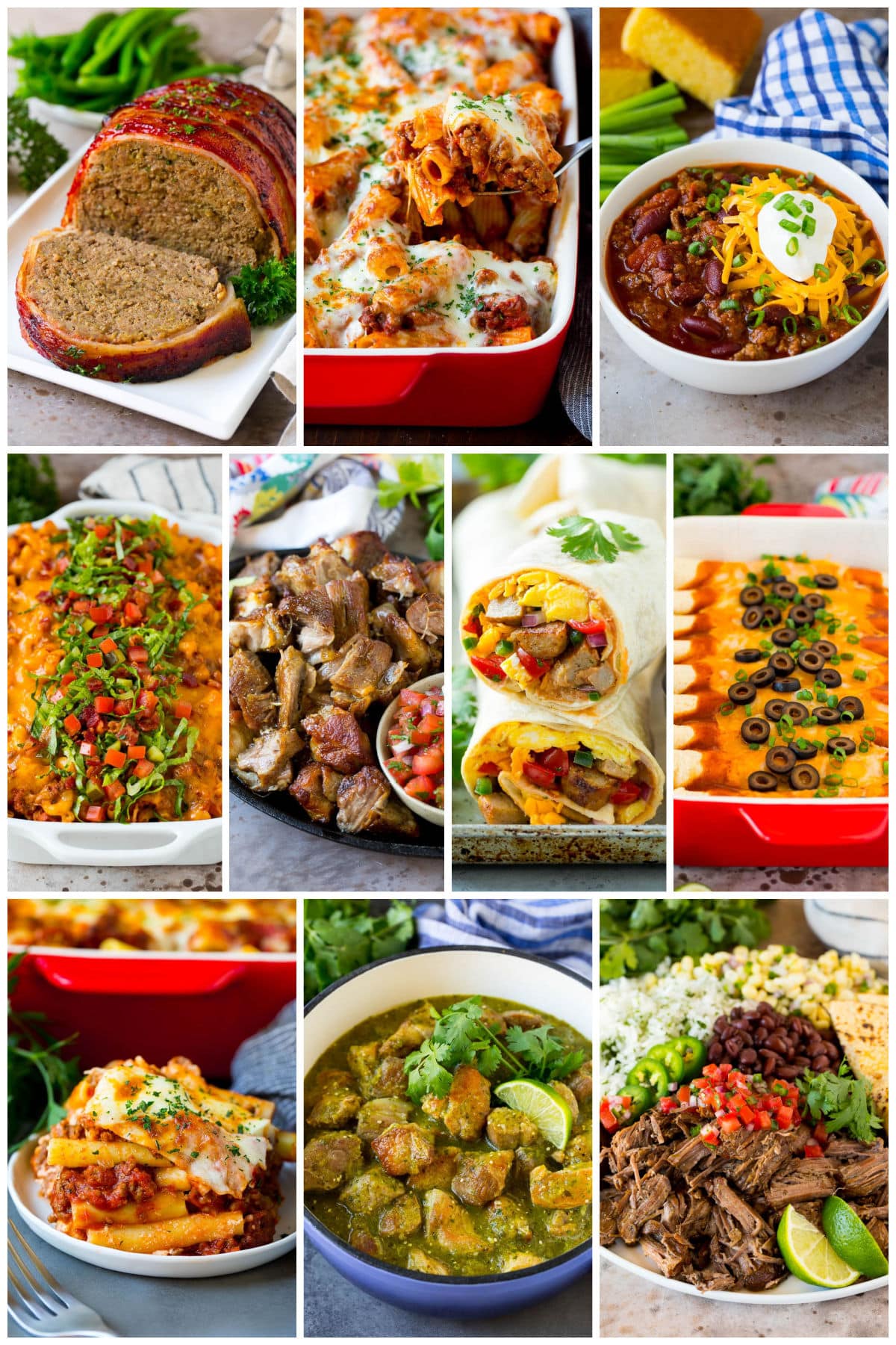 A group of freezer meal recipes like breakfast burritos, baked ziti and chile verde.