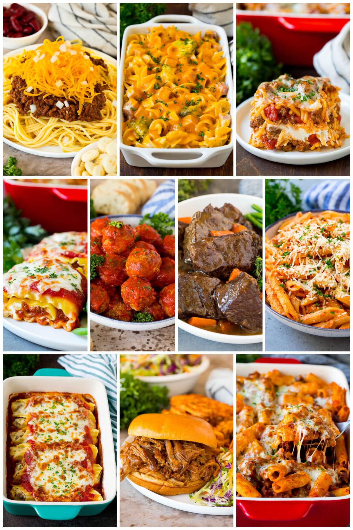 A group of images of recipes to reheat and serve like lasagna roll ups, pulled pork and million dollar spaghetti casserole.