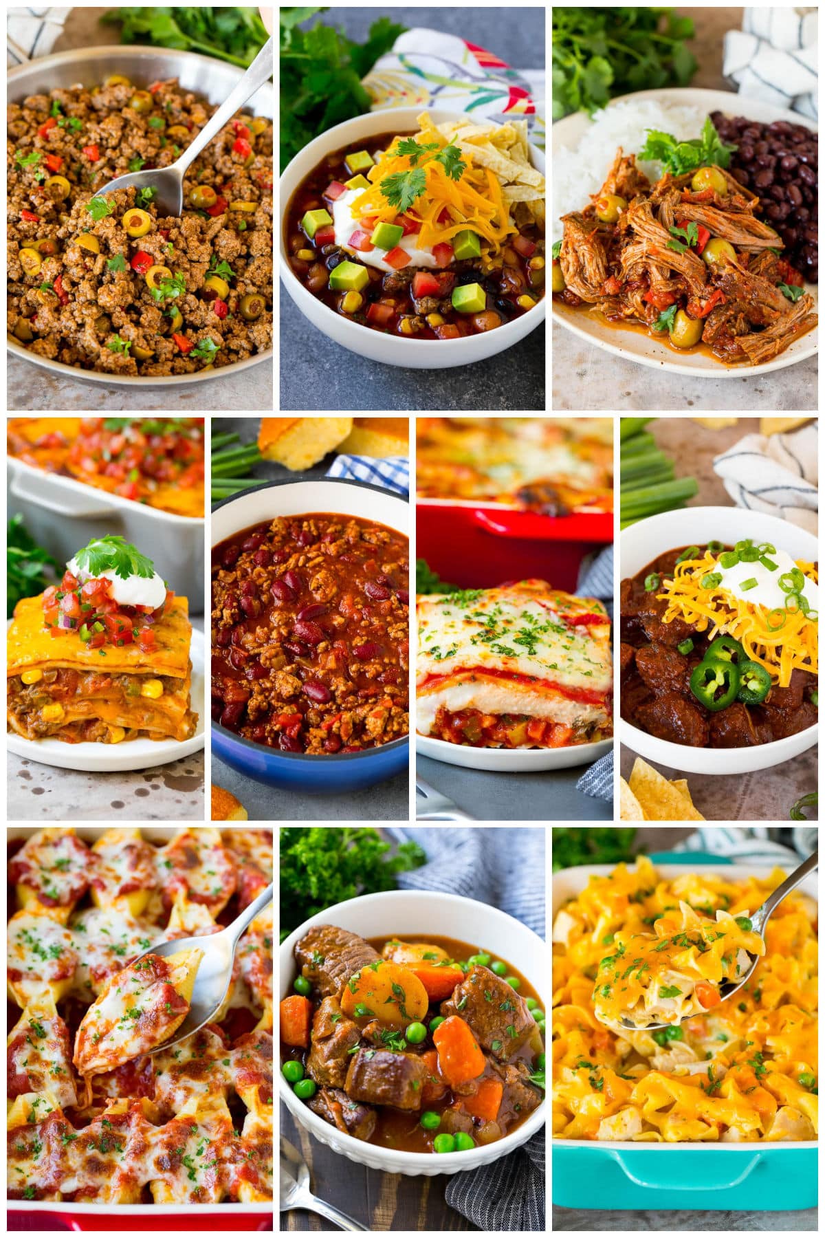A group of images of meals that can be reheated like turkey casserole and taco lasagna.
