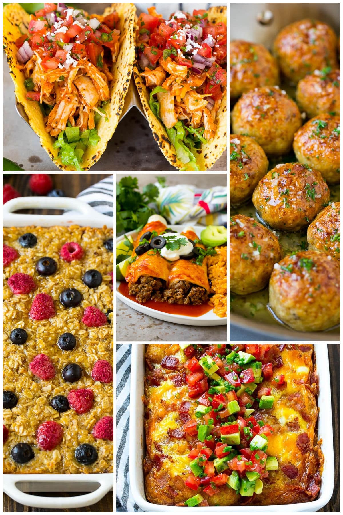 A collection of easy freezer meal recipes like chicken meatballs, beef enchiladas and chicken tinga.