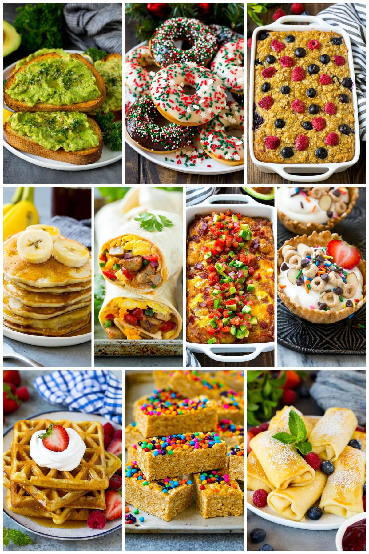 A group of pictures of kids breakfast ideas like breakfast burritos, banana pancakes and buttermilk waffles.