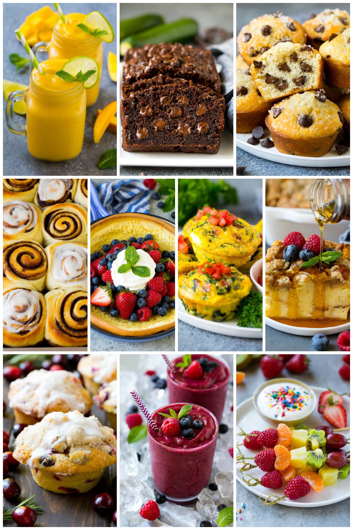 A collection of images of easy morning meals like chocolate chip muffins and French toast casserole.