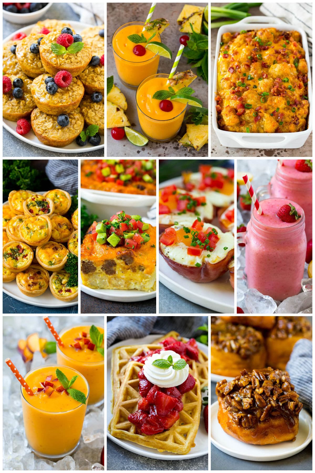 A group of morning foods like baked oatmeal cups, strawberry waffles and sticky buns.