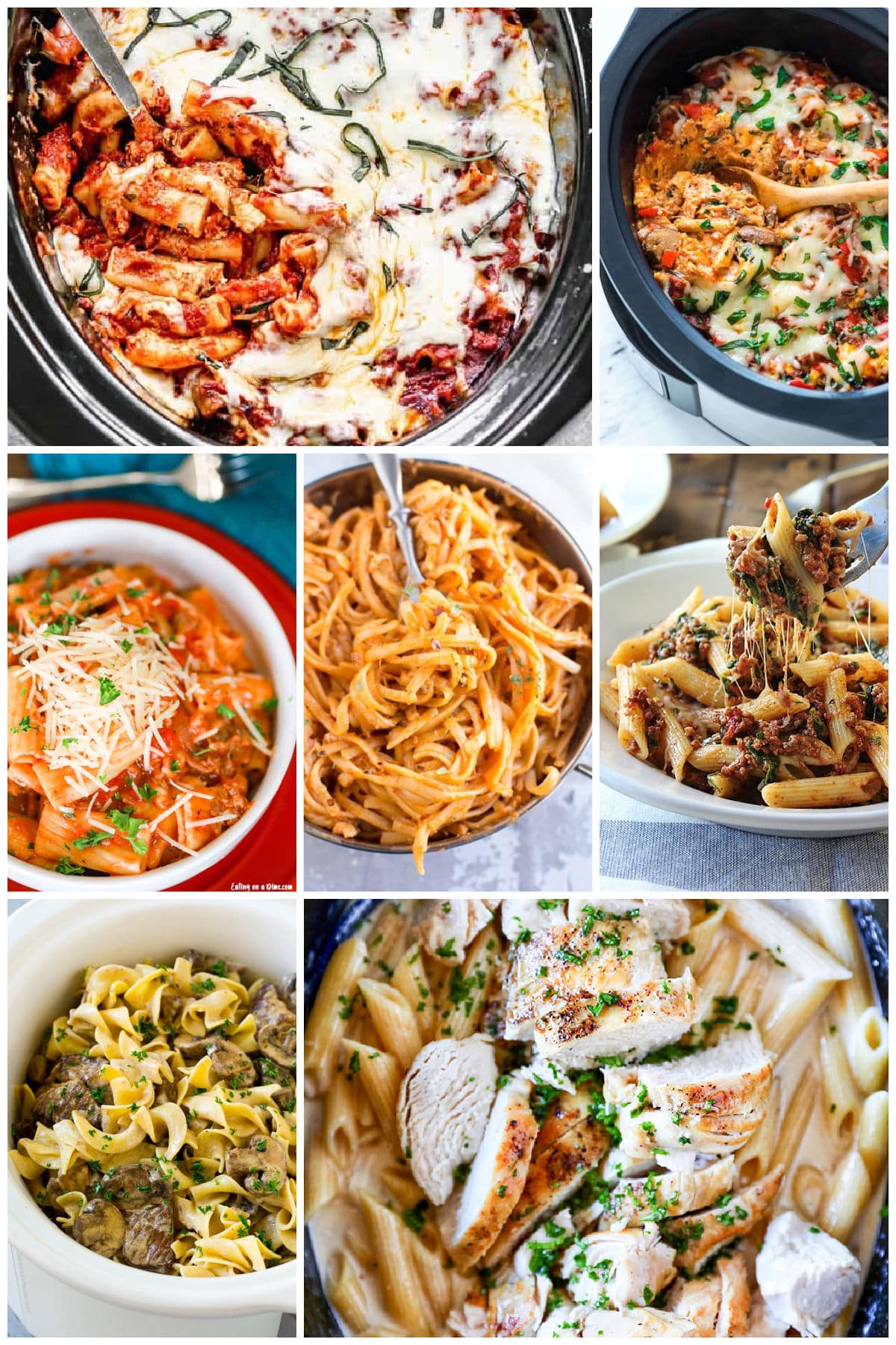 A group of pasta dishes made in a crock pot like baked ziti and firecracker chicken pasta.