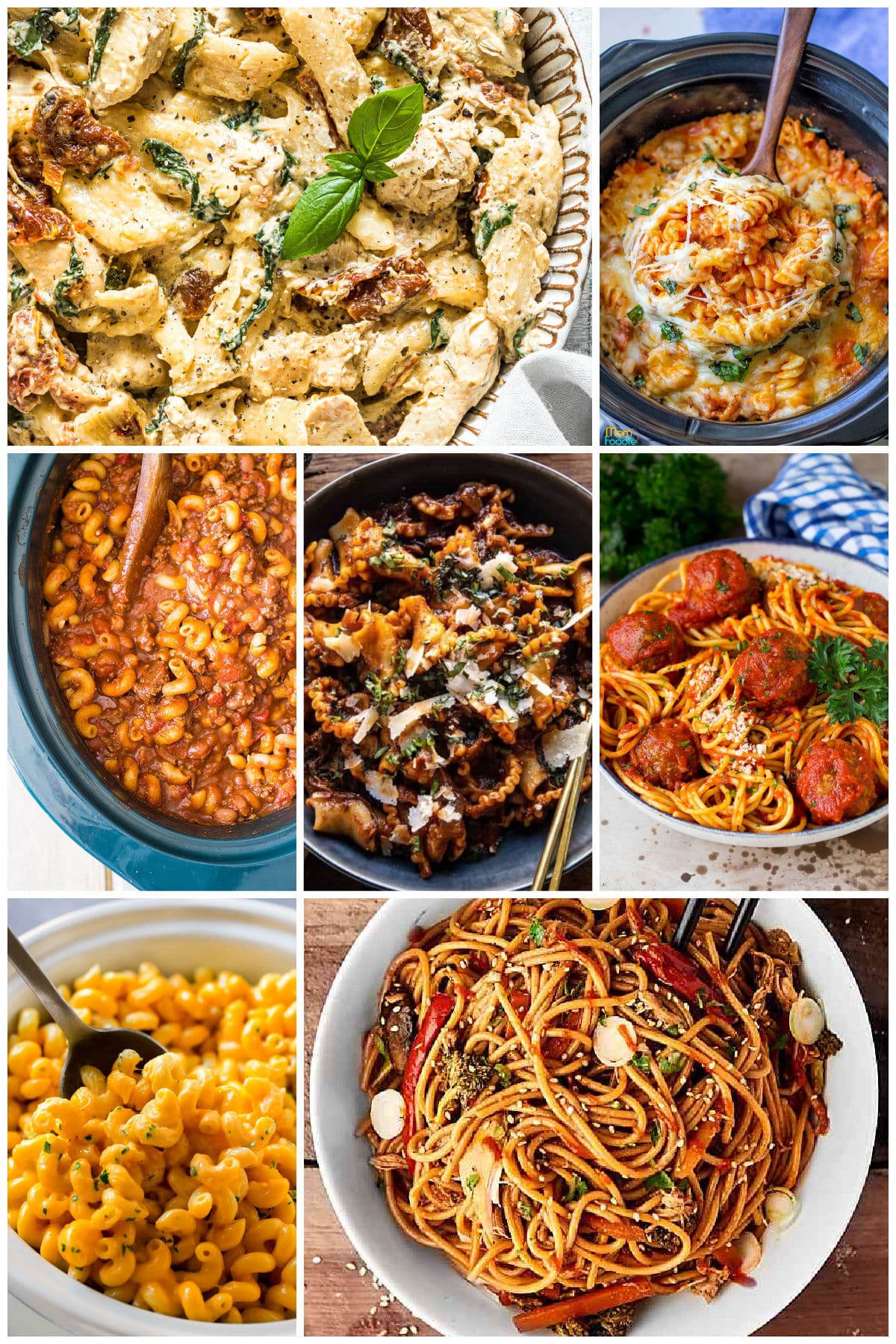 A group of slow cooker pasta recipes like mac and cheese, lo mein and Tuscan chicken pasta.