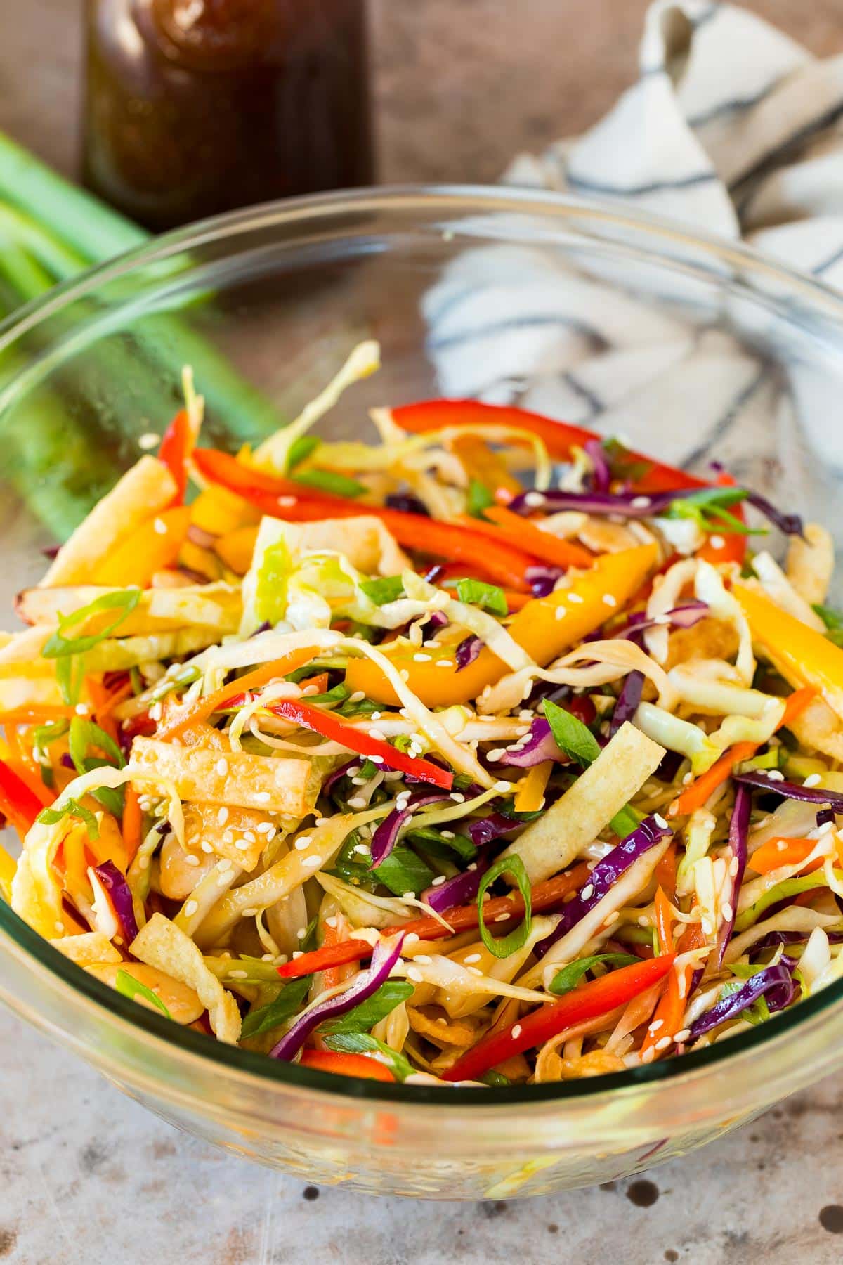 A salad with cabbage, peppers, wontons and Asian salad dressing.