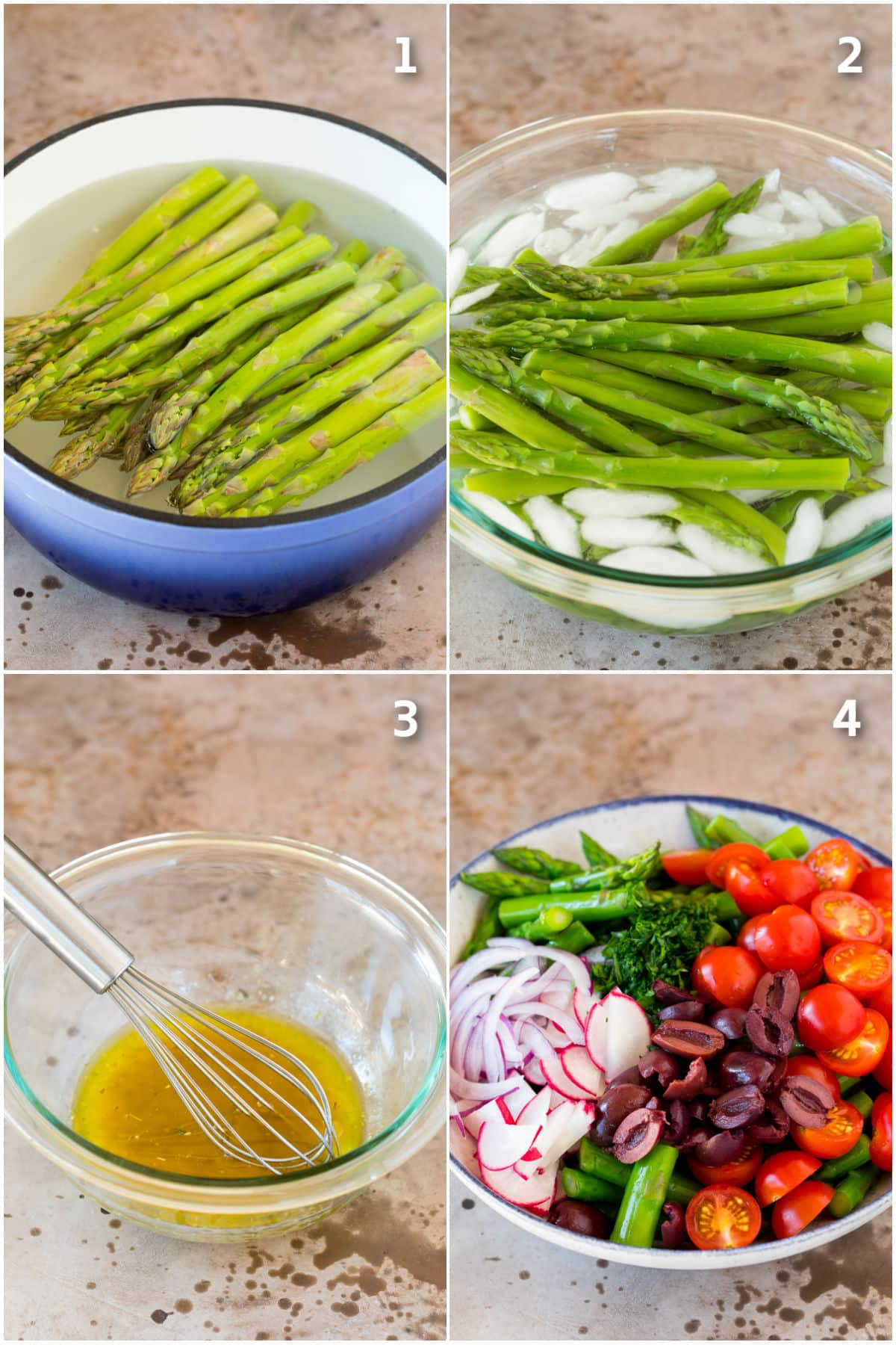 Step by step shots showing how to cook asparagus and make salad.