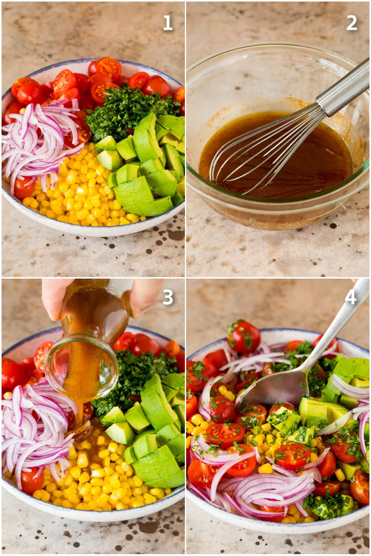 Step by step shots showing how to assemble a salad and make salad dressing.