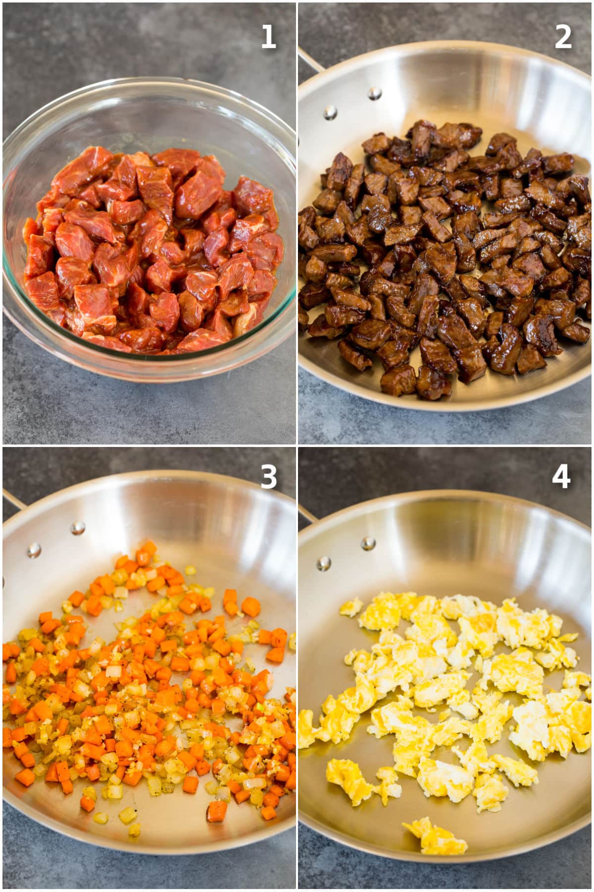 Process shows showing steak being marinated and vegetables and eggs cooked.