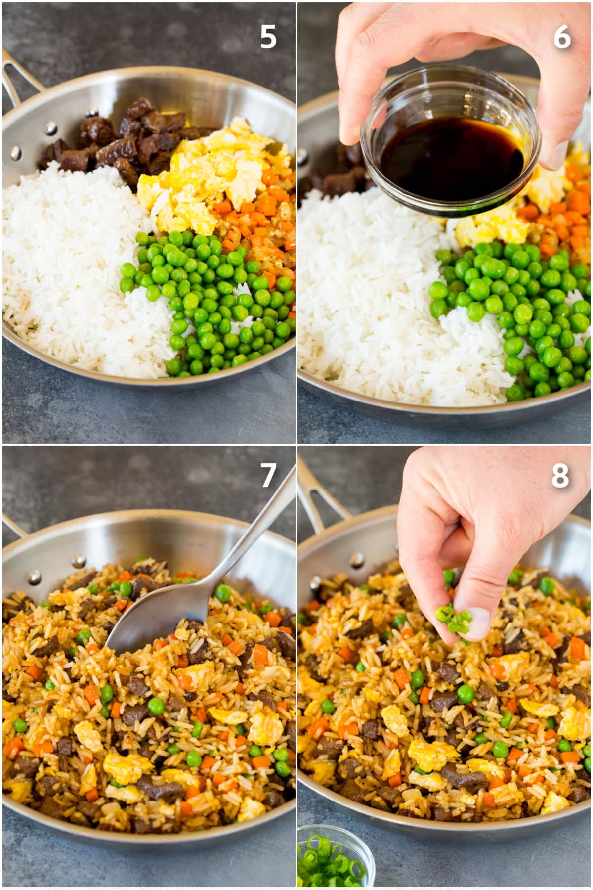 Process shots showing rice and vegetables and sauce being added to a pan.