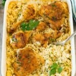 An image of a pan of chicken and rice casserole.