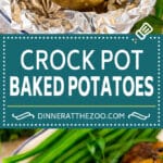 These crock pot baked potatoes are seasoned Russet potatoes that cook all day in the slow cooker to become perfectly tender and fluffy.