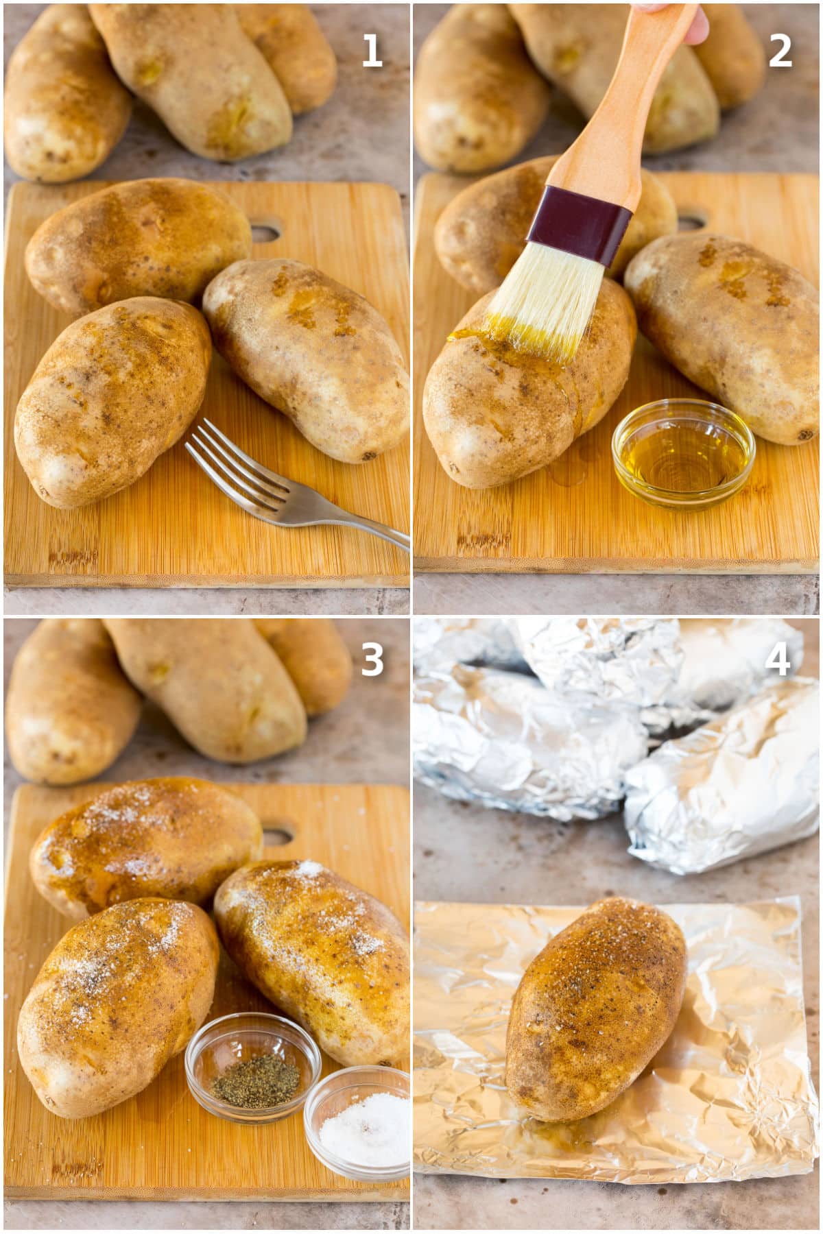 Photos showing how to prepare baked potatoes to go in a slow cooker.
