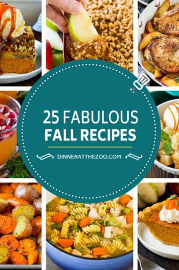 A group of fabulous fall recipes like caramel apple dip, homemade pumpkin pie and apple cobbler.