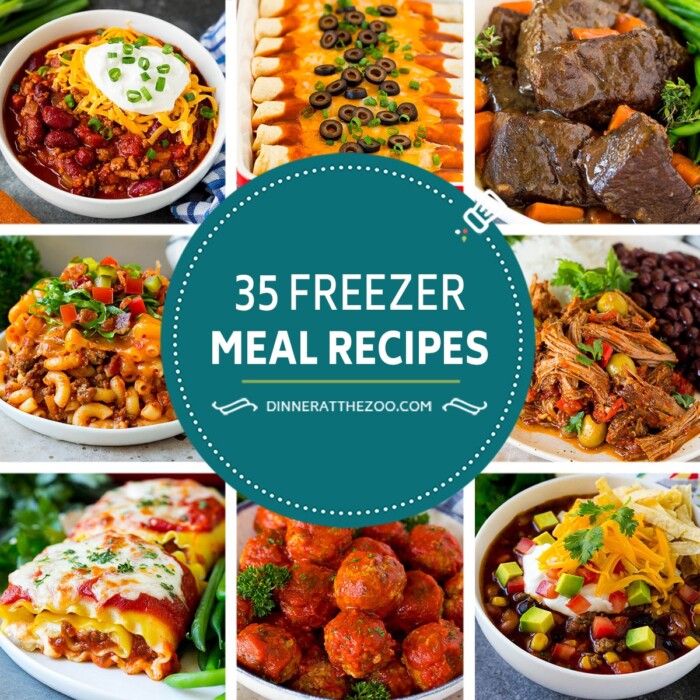 A group of easy freezer meal recipes like lasagna roll ups, Italian meatballs and ropa vieja.