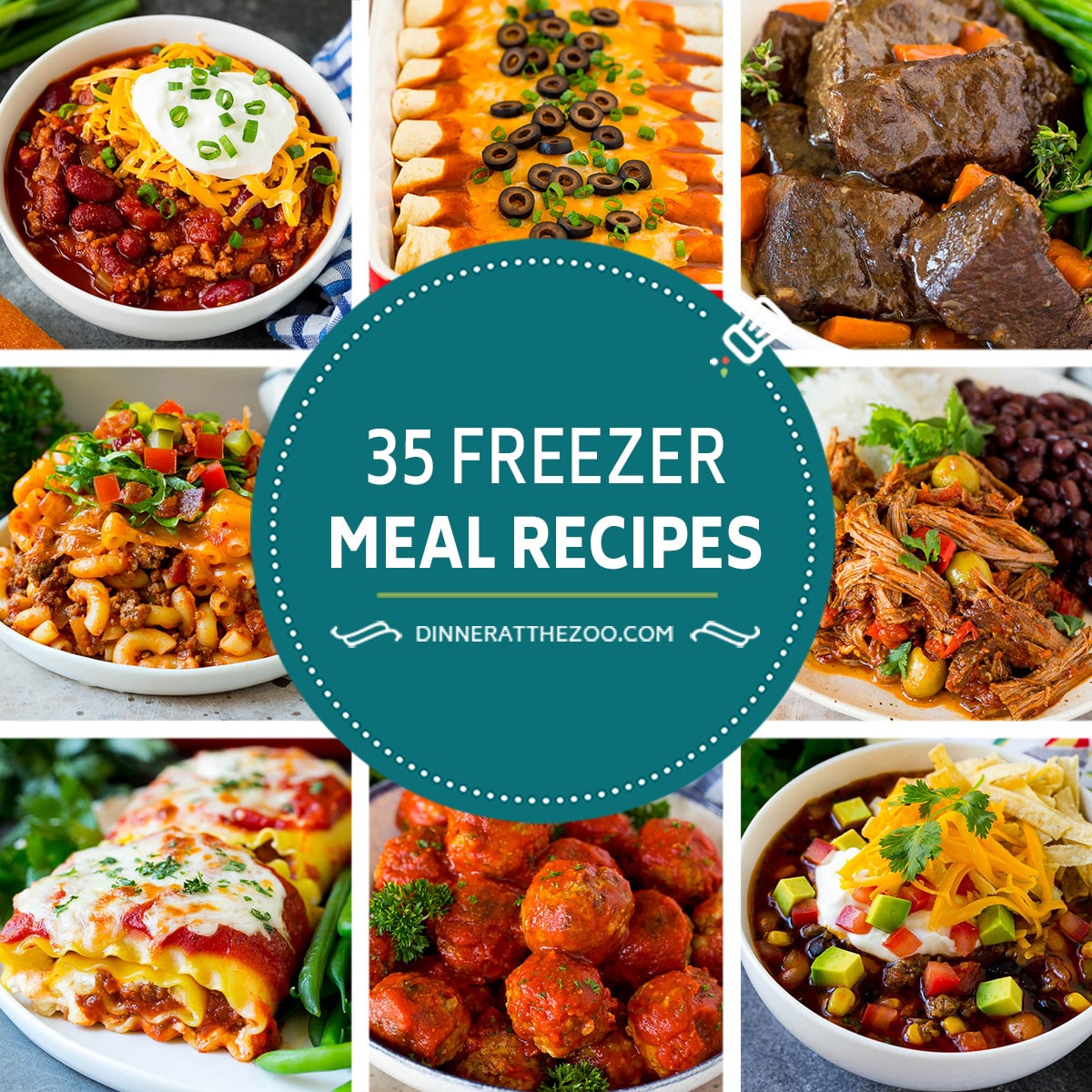 A group of freezer meal recipes like lasagna roll ups, Italian meatballs and ropa vieja.