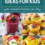 A group of kids breakfast ideas like egg muffins, strawberry waffles and chocolate chip muffins.