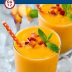 This refreshing peach smoothie is made with frozen peaches, banana, mango and fruit juice, all blended together into a frosty drink.