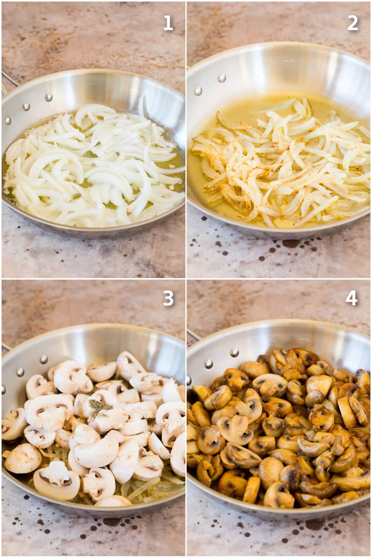 Step by step process shots showing how to cook onions and mushrooms.