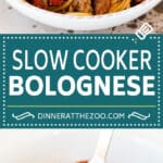 This slow cooker bolognese sauce is a blend of ground beef, bacon and vegetables, all simmered together with tomato sauce in a crock pot.