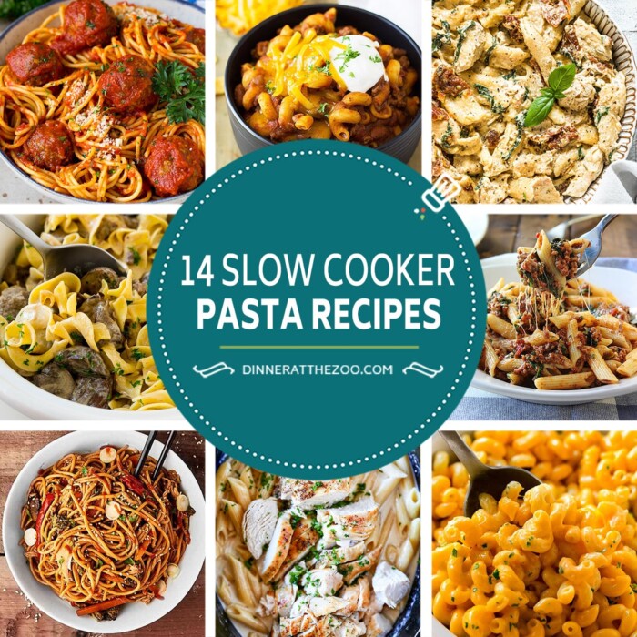 A group of images of slow cooker pasta recipes like mac and cheese, Tuscan chicken pasta and beef stroganoff.