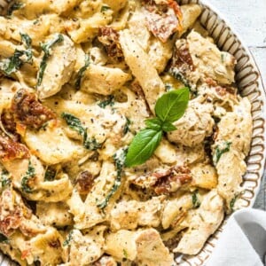 An image of slow cooker Tuscan chicken pasta.