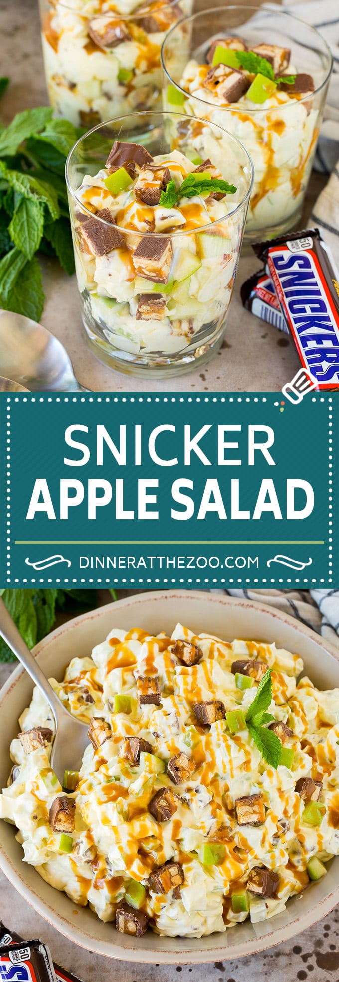 This snicker apple salad is fresh apples and chopped candy bars in a sweet and creamy dressing.