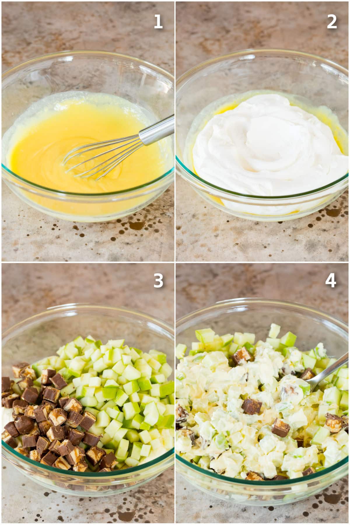 Step by step shots showing how to make snicker apple salad.