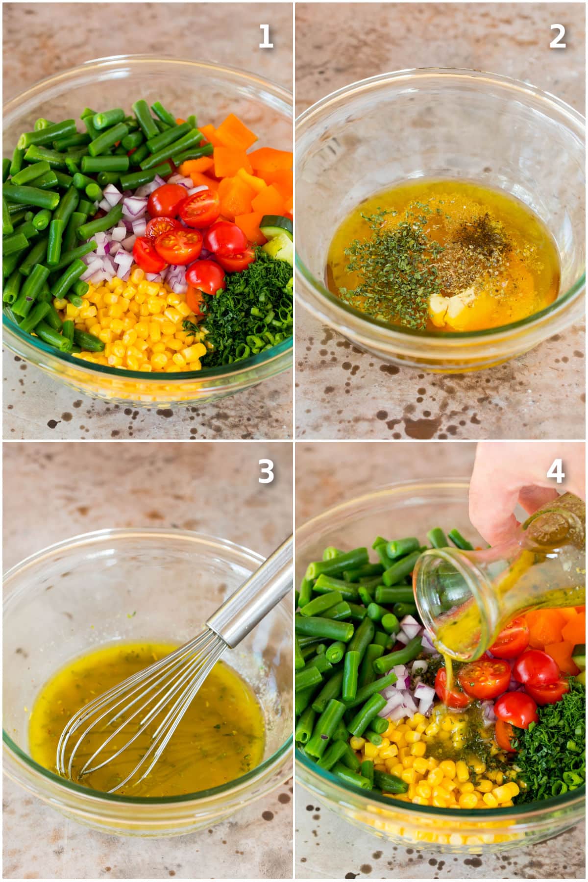 Step by step shots showing how to make salad dressing and assemble salad.