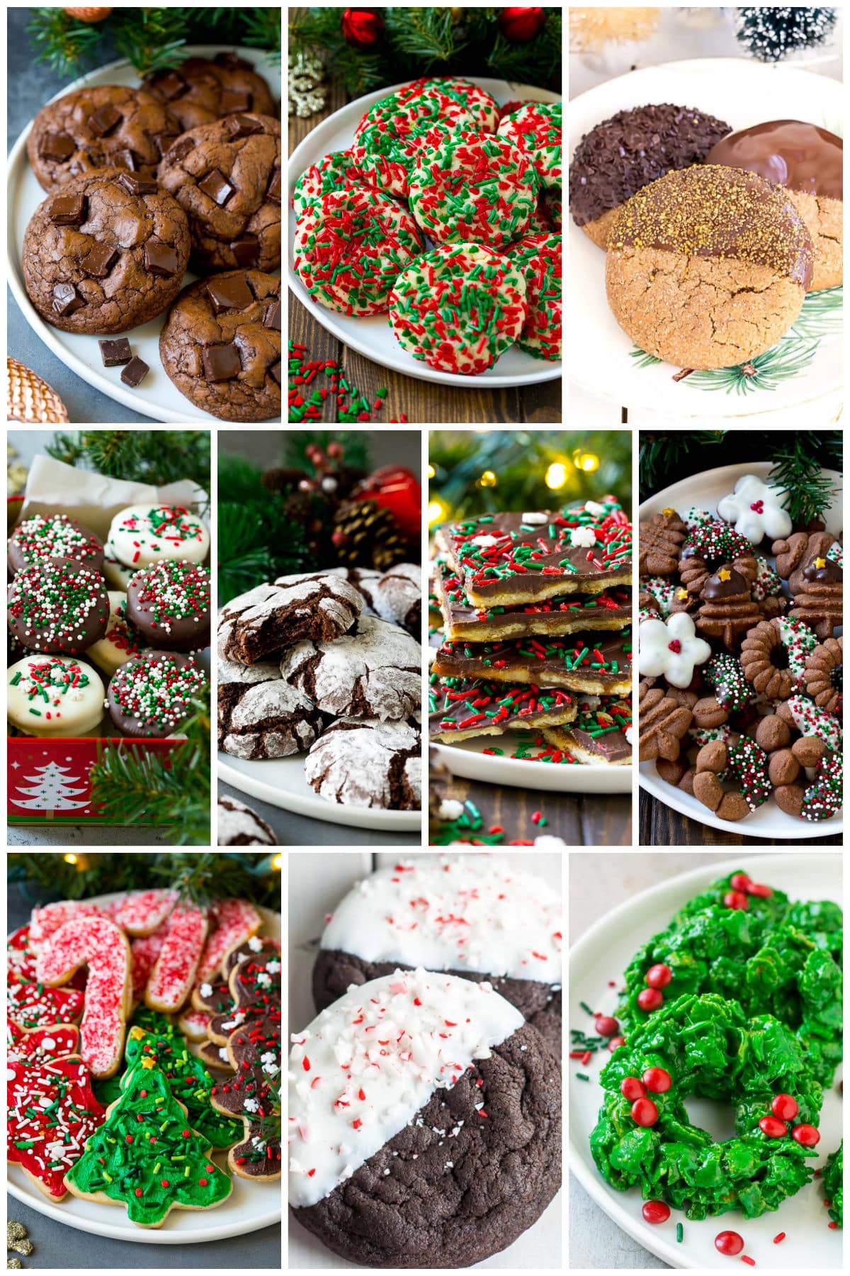 A collection of images of Christmas cookie recipes such as Christmas wreath cookies, chocolate spritz cookies and sugar cookies.