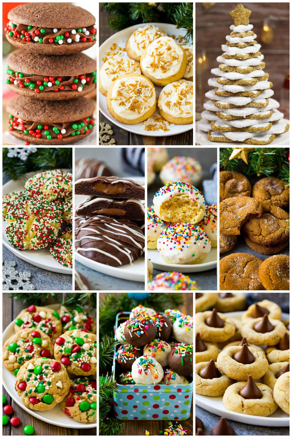 A group of Christmas cookie recipes including peanut butter blossoms, Italian cookies and eggnog cookies.
